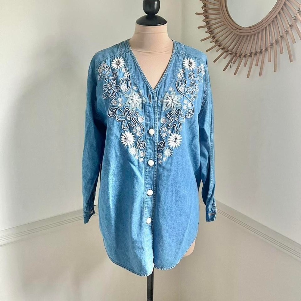 Vintage Denim Cottage Grandma Embroidered Blouse